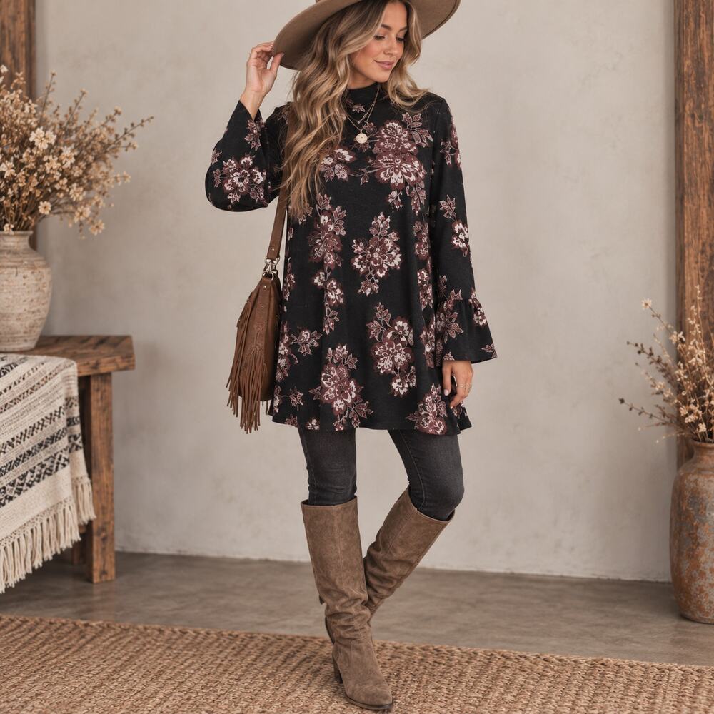 Women’s Floral Lightweight Sweater Tunic Long Sleeve Size Approx Large